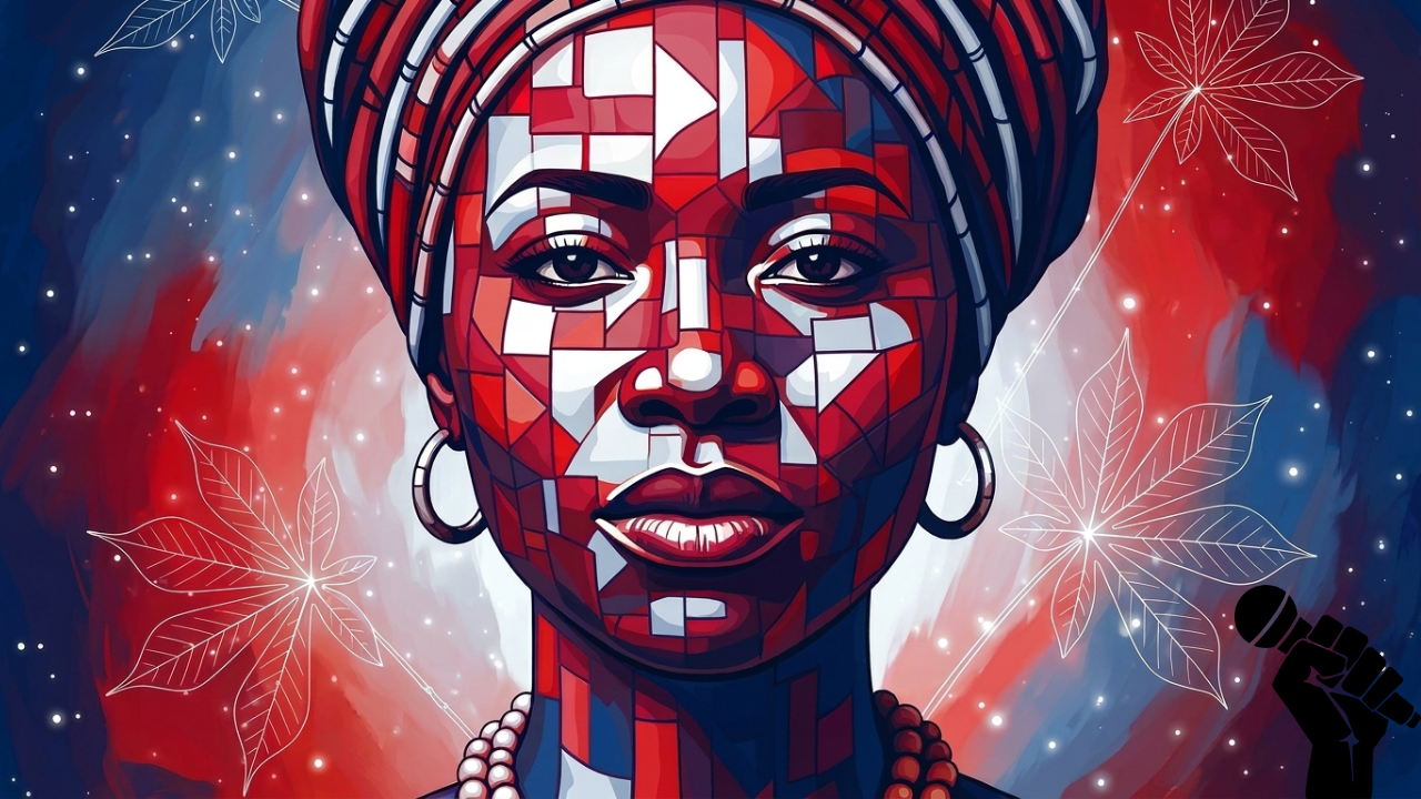Liberia map of women in flag colors on indigo textile