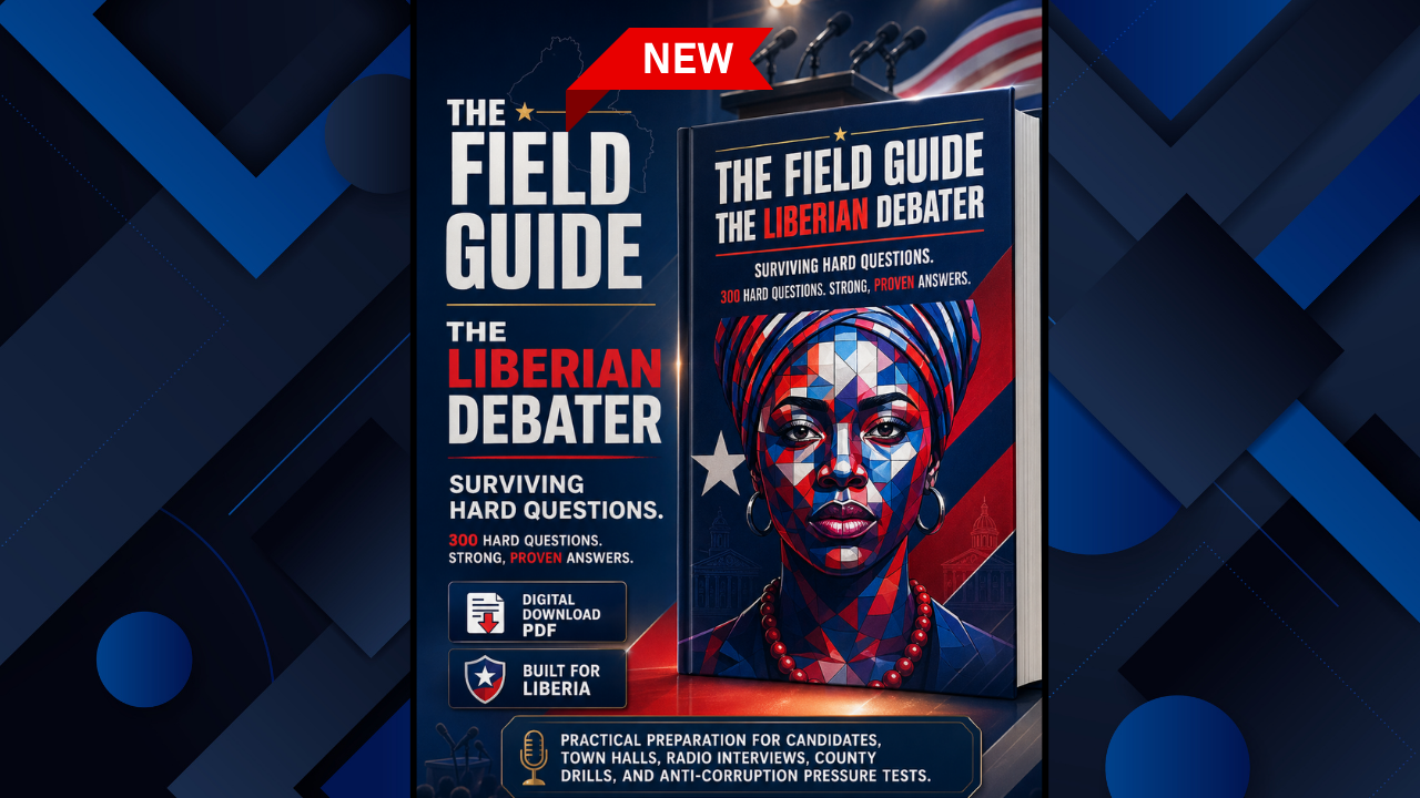 The Liberian Debater — featured portrait of a woman leader with the Liberian flag and cassava leaves